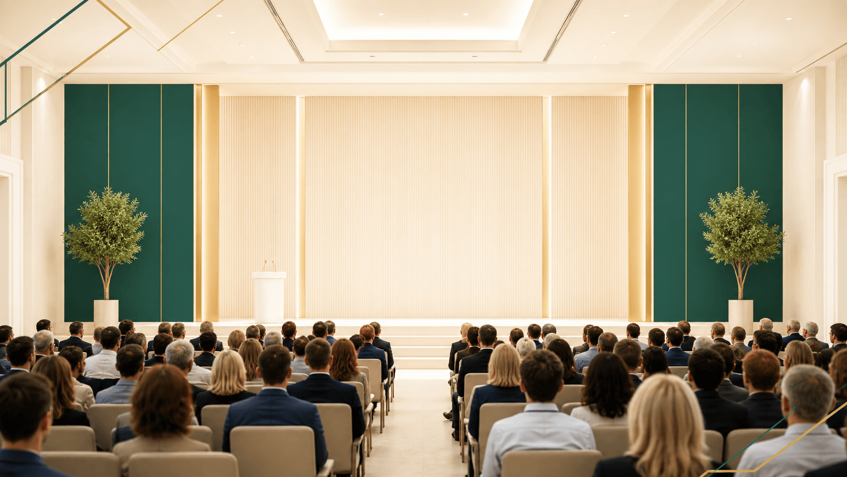 Bright conference auditorium with a cream and green stage