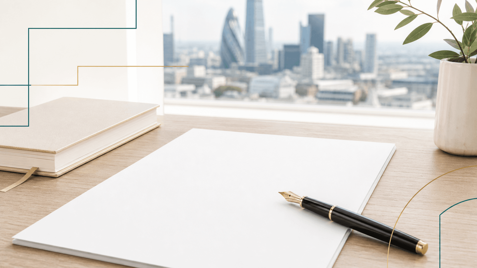 Fountain pen and blank declaration form overlooking the City of London
