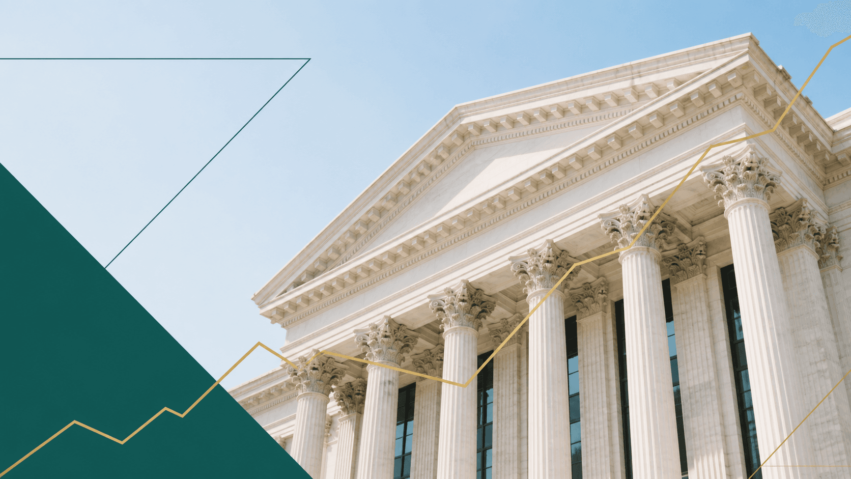 Neoclassical financial building beneath a rising gold line