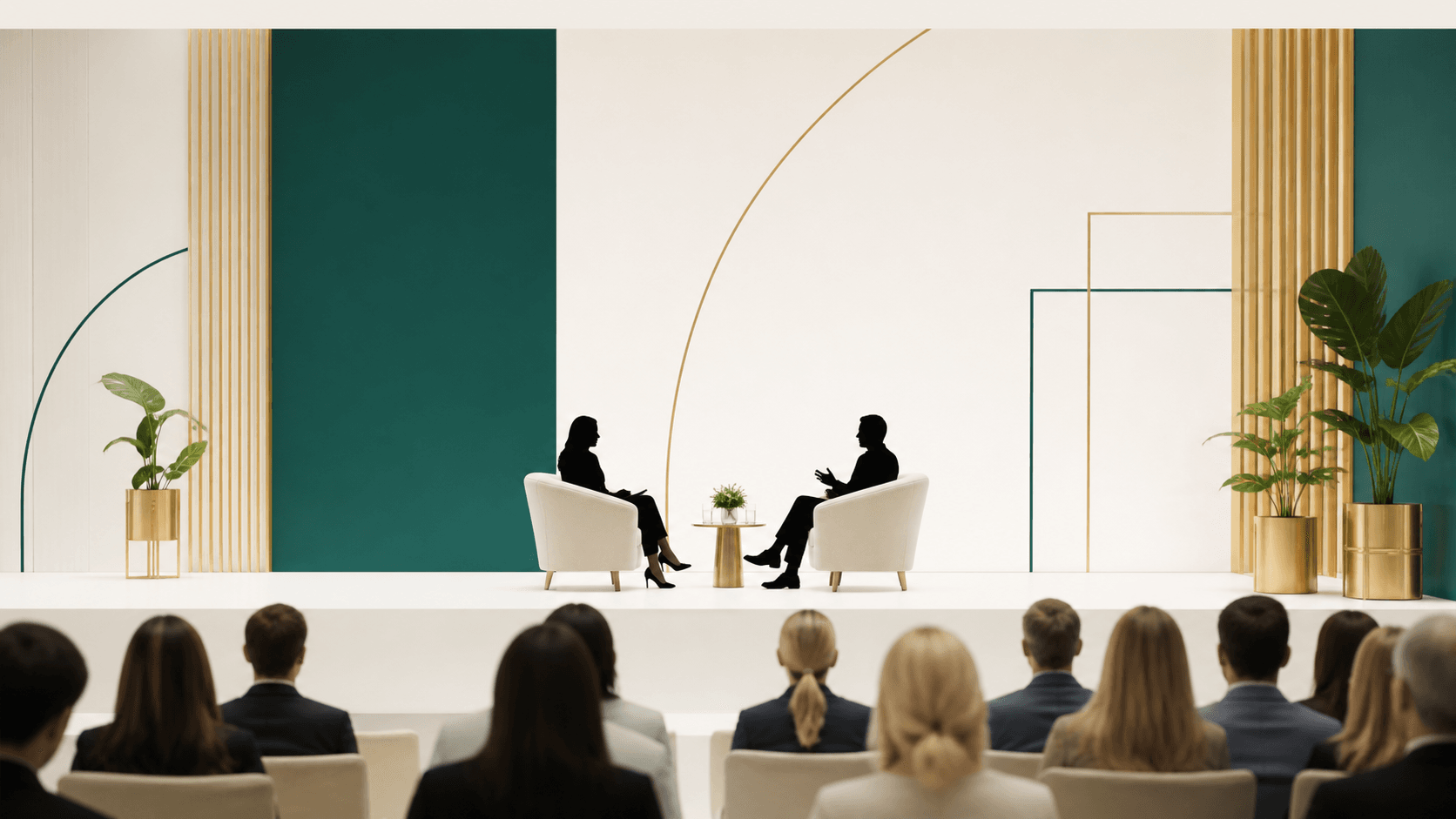 Panel speakers in silhouette on a bright cream and green stage