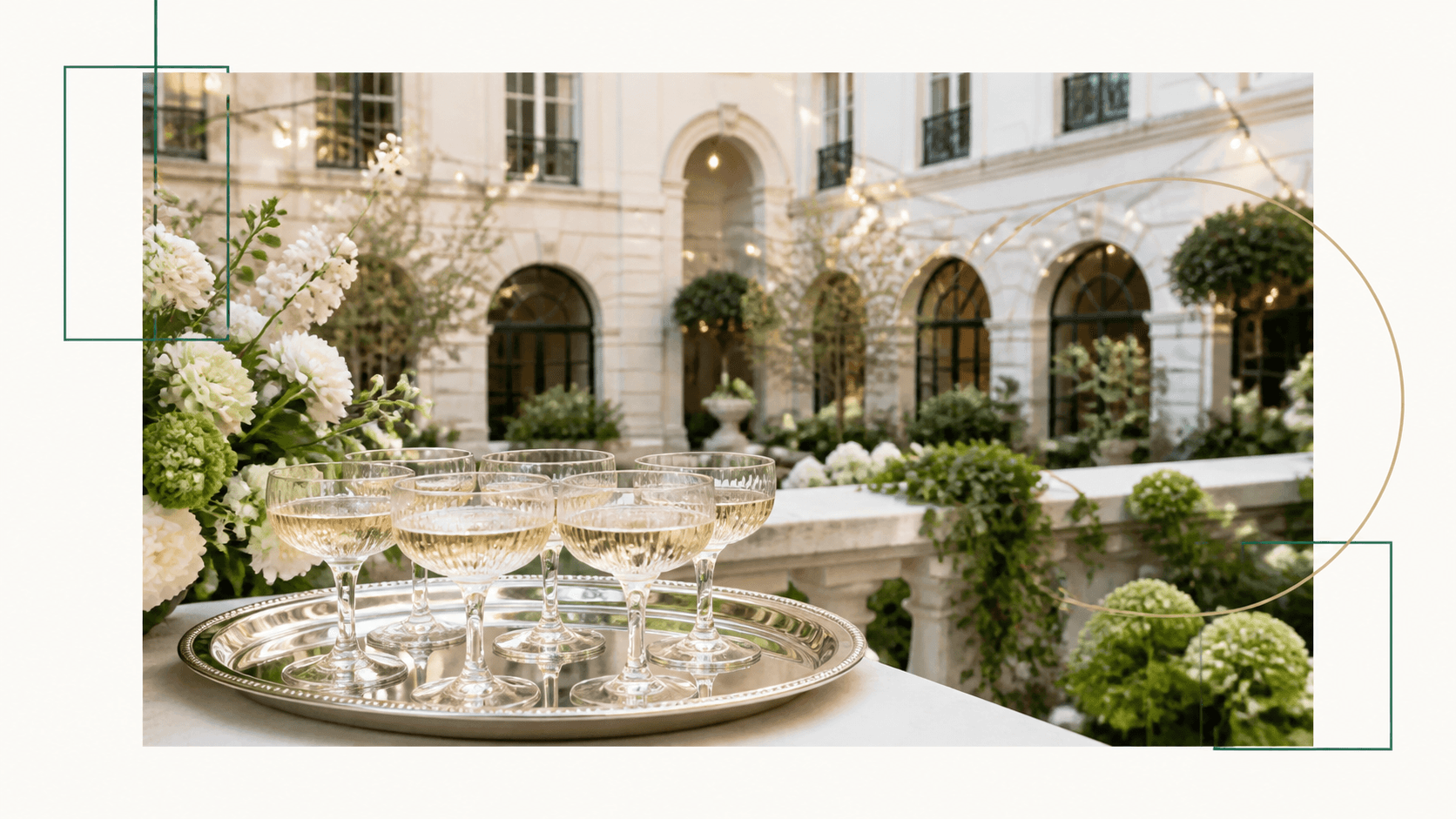 Champagne coupes in a bright livery hall courtyard garden