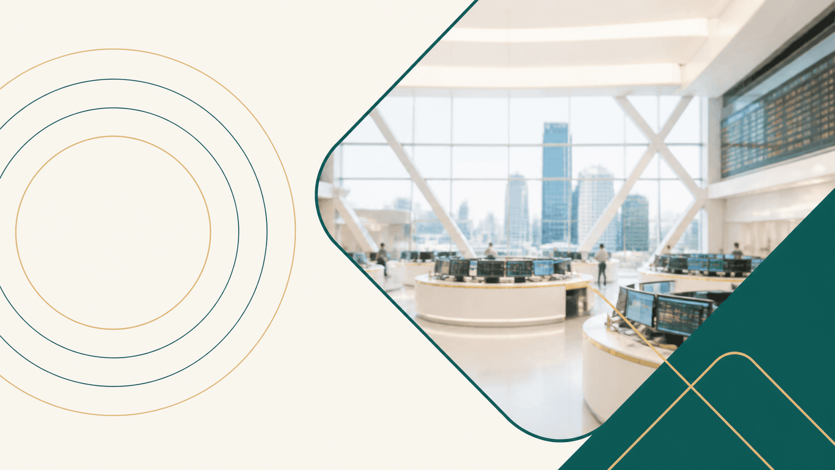 Green and gold sound waves beside a bright trading floor