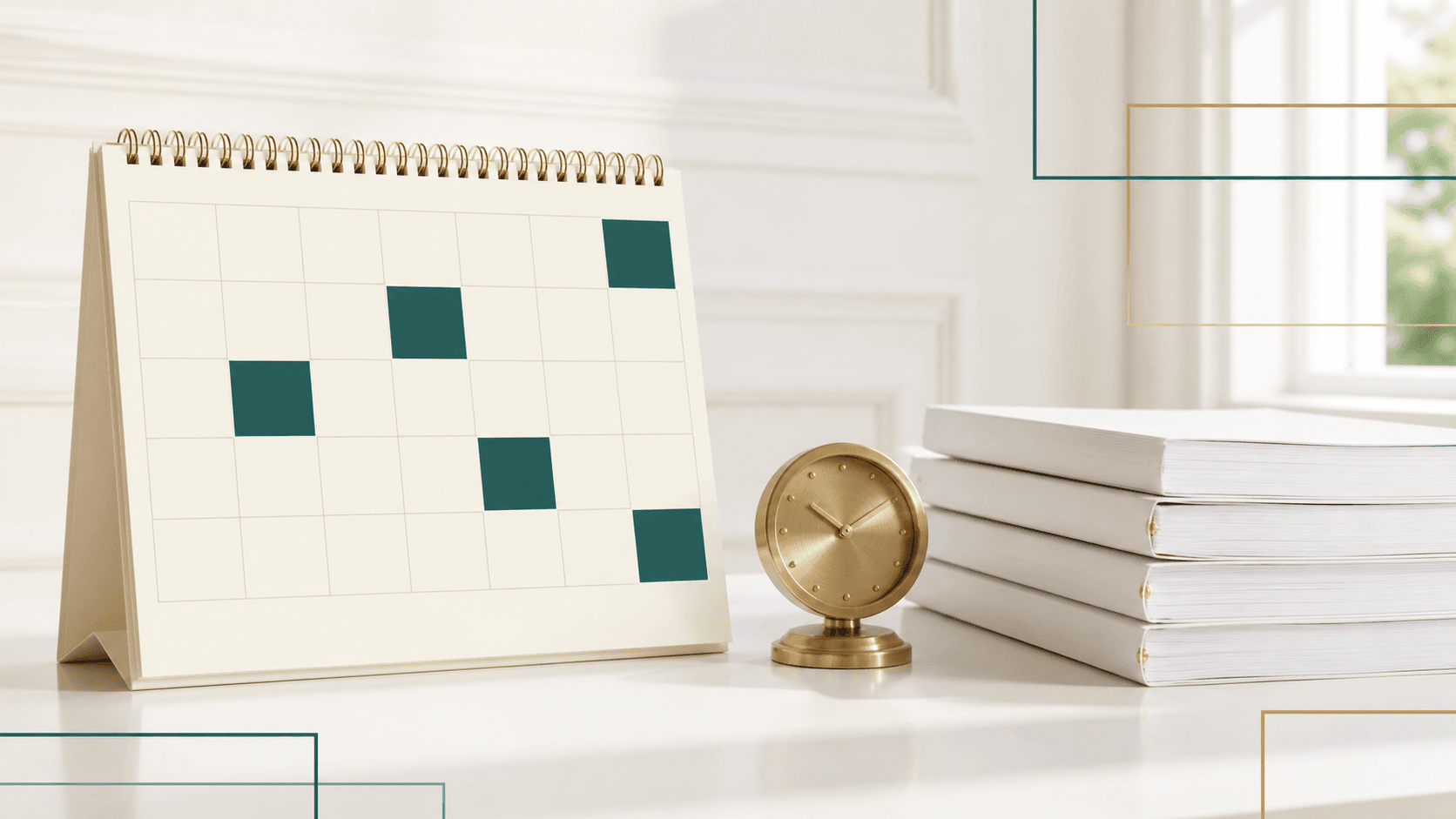 Blank desk calendar, brass clock and legal documents in a bright office